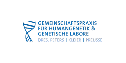 Logo der Gemeinschaftspraxis für Humangenetik und genetische Labore mit DNA-Doppelhelix und den Namen der Ärzte.