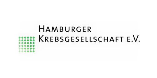 Logo der Hamburger Krebsgesellschaft e.V. mit grünem Punktmuster und schwarzer Schrift.