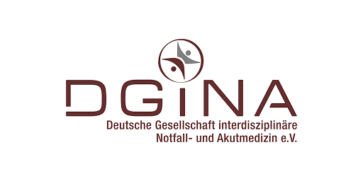 Logo der DGINA, Deutsche Gesellschaft interdisziplinäre Notfall- und Akutmedizin e.V., mit stilisierten Figuren und Schriftzug.