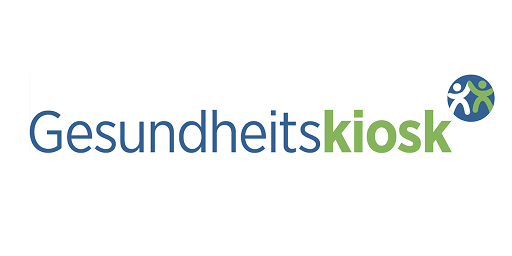Logo des Gesundheitskiosks mit dem Schriftzug in Blau und Grün, begleitet von einem Symbol von Menschen.