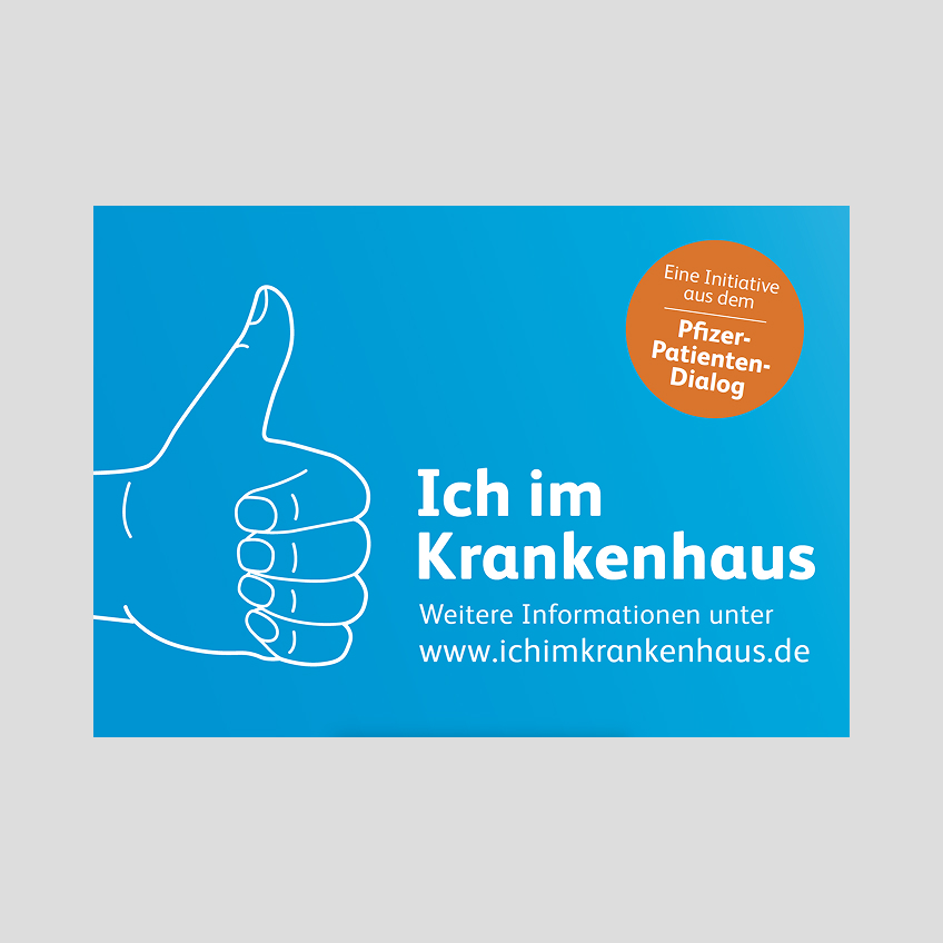 Blauer Hintergrund mit einem Daumen-hoch-Symbol und dem Text 