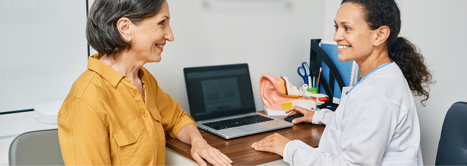 Eine Ärztin und eine Patientin sitzen sich an einem Schreibtisch gegenüber und lächeln sich an, die Ärztin hat die Hand an einer Computermaus.