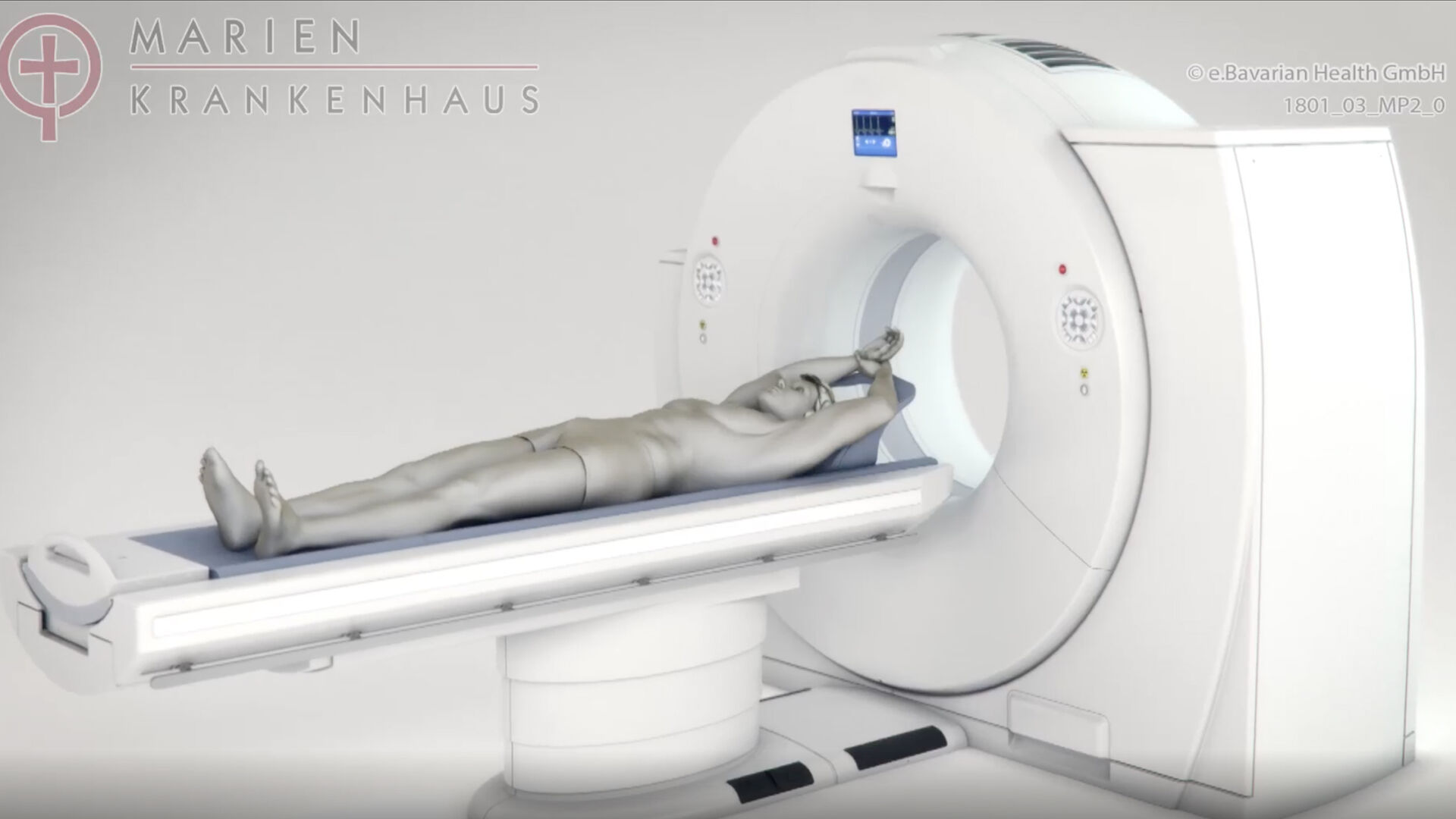 3D-Illustration: Ein Patient liegt auf der Liege eines modernen MRT-Gerätes.