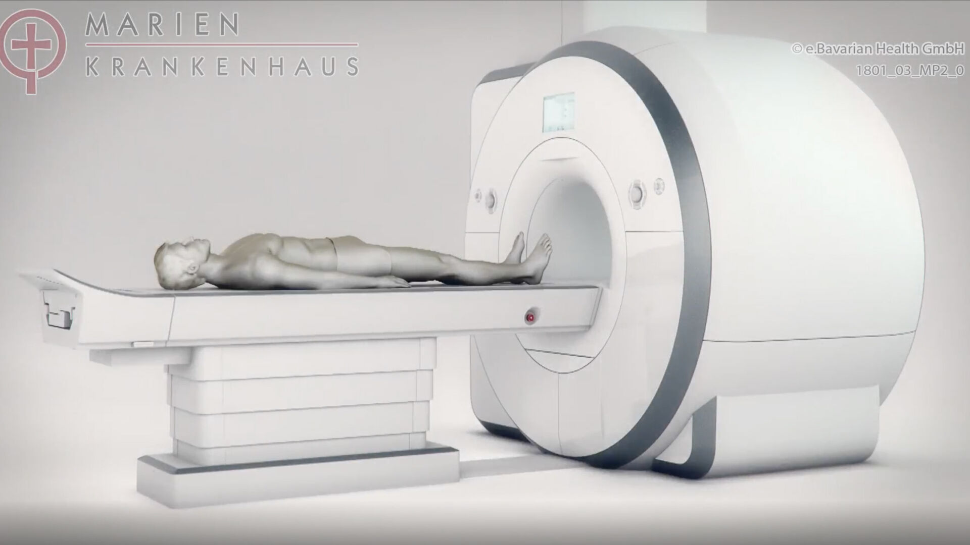 3D-Illustration: Ein Patient liegt auf der Liege eines modernen MRT-Gerätes.