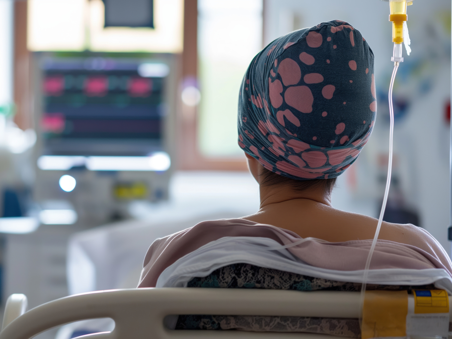 Eine Person mit einem bunten Kopftuch sitzt auf einem Krankenhausbett, im Vordergrund ein Tropf, im Hintergrund medizinische Geräte.