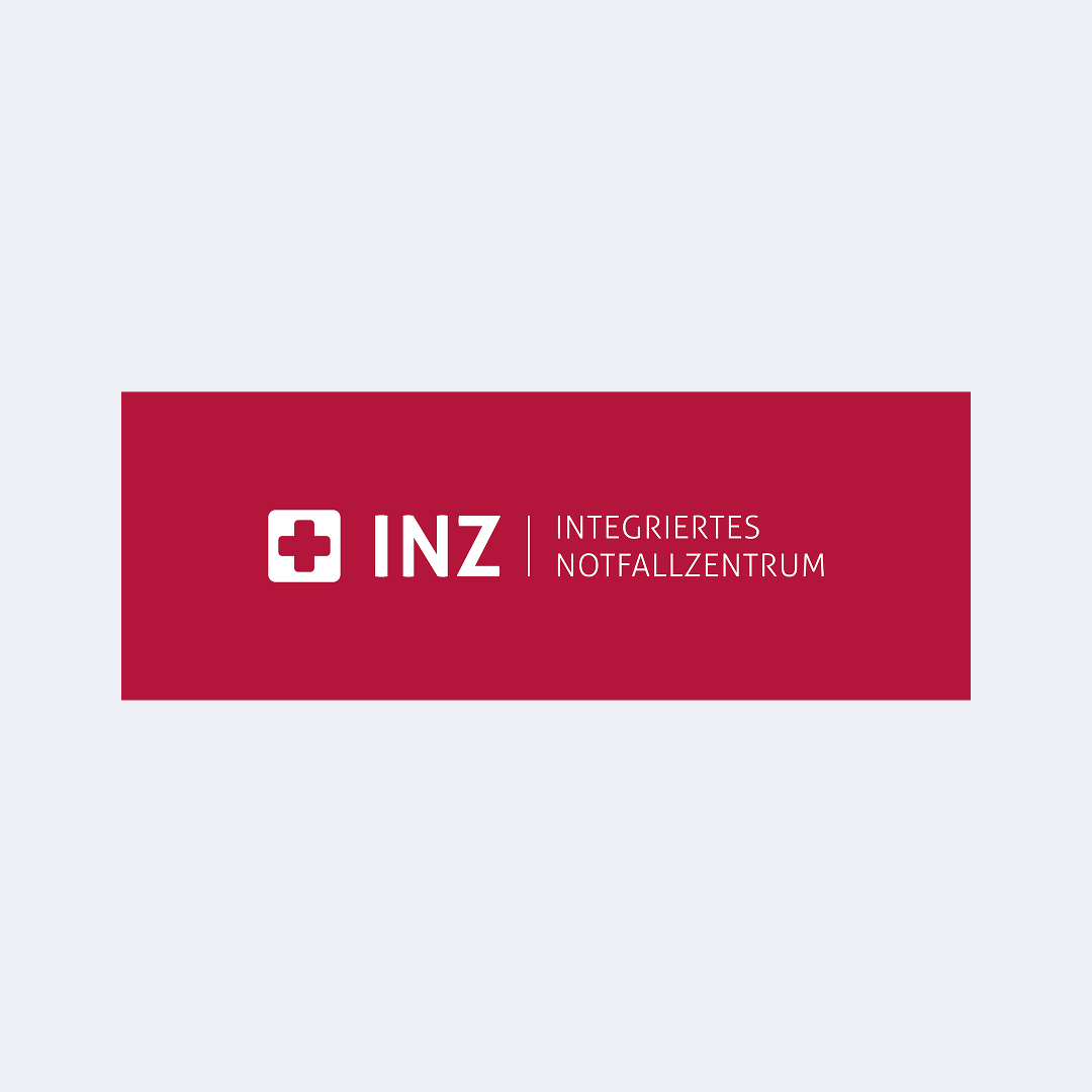 Logo des Integrierten Notfallzentrums (INZ) auf rotem Hintergrund mit einem Kreuzsymbol.