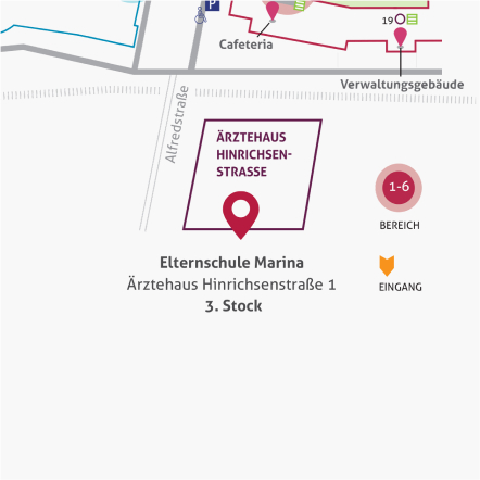Kartenausschnitt mit einer Standortmarkierung für die Elternschule Marina.