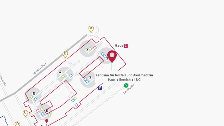 Karte eines Geländes mit markierten Gebäuden und einem Standortpin für das Zentrum für Medizin und Akutmedizin.